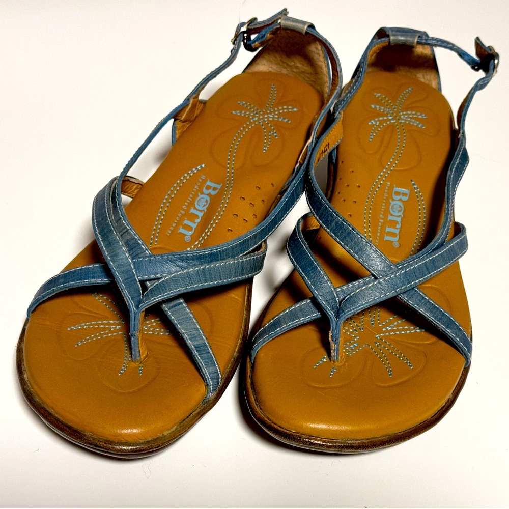 Born Comfortable Strappy Blue Sandals with padded footbed and slight wedge